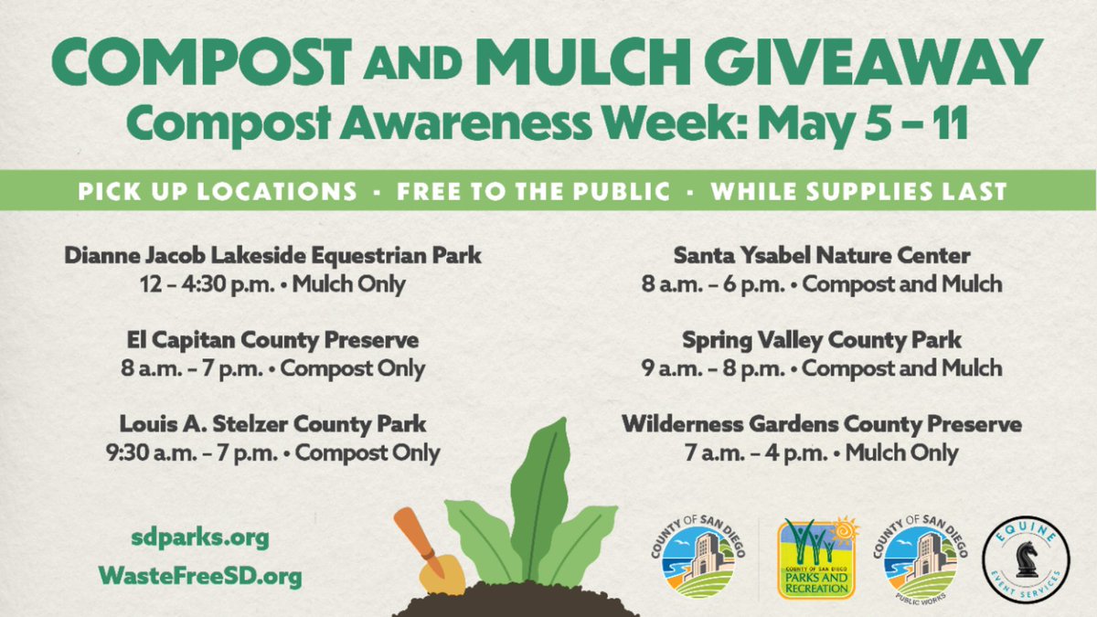 Grab your garden gloves and containers to get your supply of compost or mulch. The free public giveaway hosted by County of San Diego Departments of Public Works and Parks & Rec, supports Compost Awareness Week from May 5 to 11. Pick up sites & more at bit.ly/4aUdtBA