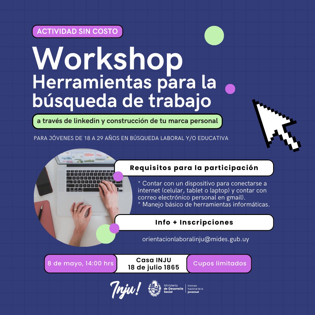 𝑾𝒐𝒓𝒌𝒔𝒉𝒐𝒑 📲 Taller abierto y gratuito para adquirir herramientas para el uso de Linkedin y construcción de marca personal, para jóvenes entre 18 y 29 años de educación terciaria que se encuentren en búsqueda laboral. 📌Inscripciones: gub.uy/ministerio-des…