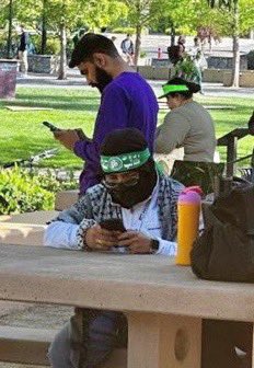 This guy was sitting and texting on the Stanford University campus grounds, wearing a HAMAS headband. Our enemy is not in Russia but HERE!