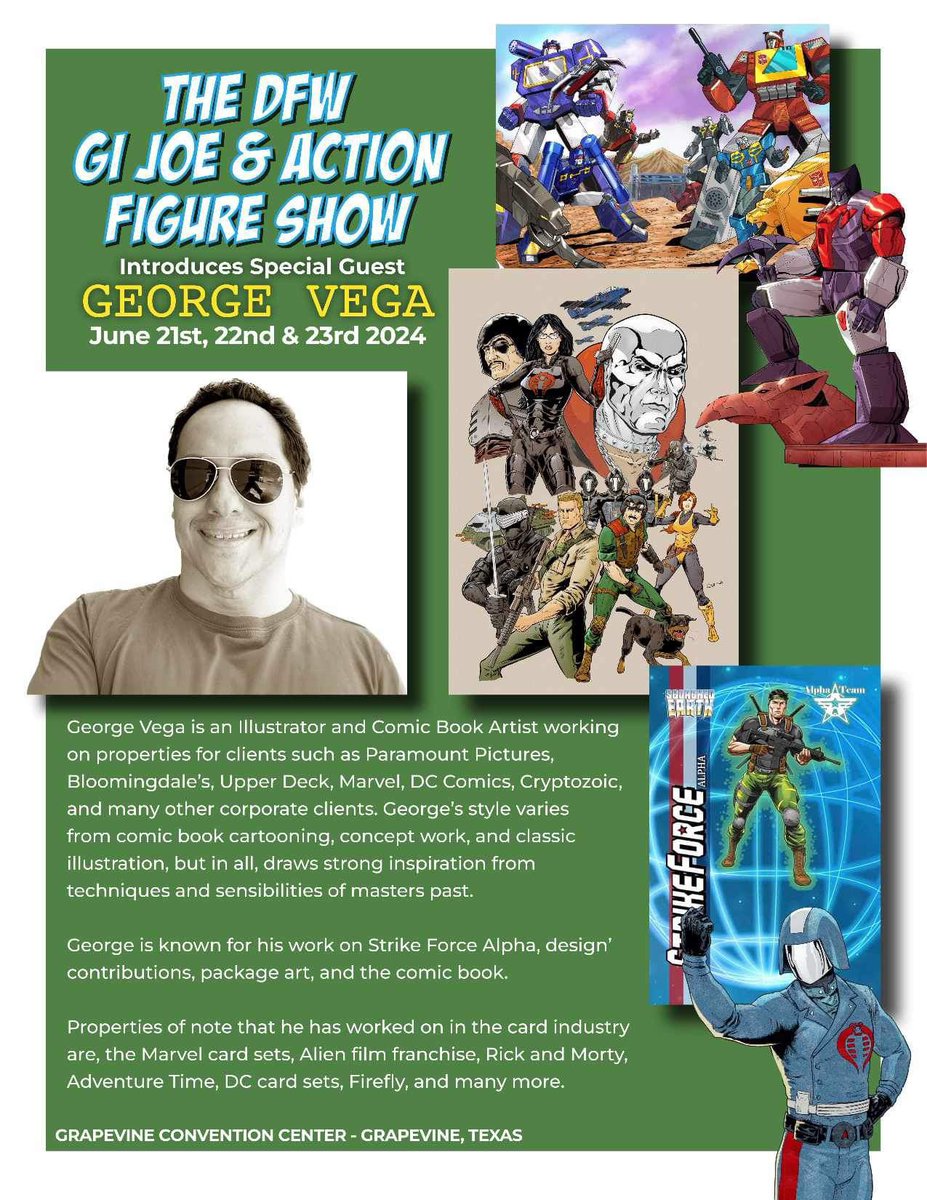 June 21-23rd!
I’ll be a guest at The DFW G.I. Joe action Figure Show! 
Some amazing product is dropping at the show with my art on it for White Eleojant Toyz and Costworld Collectables. 
#gijoe #hasbro #toycollector #80s #80stoys #actionfigures #artist #illustrator