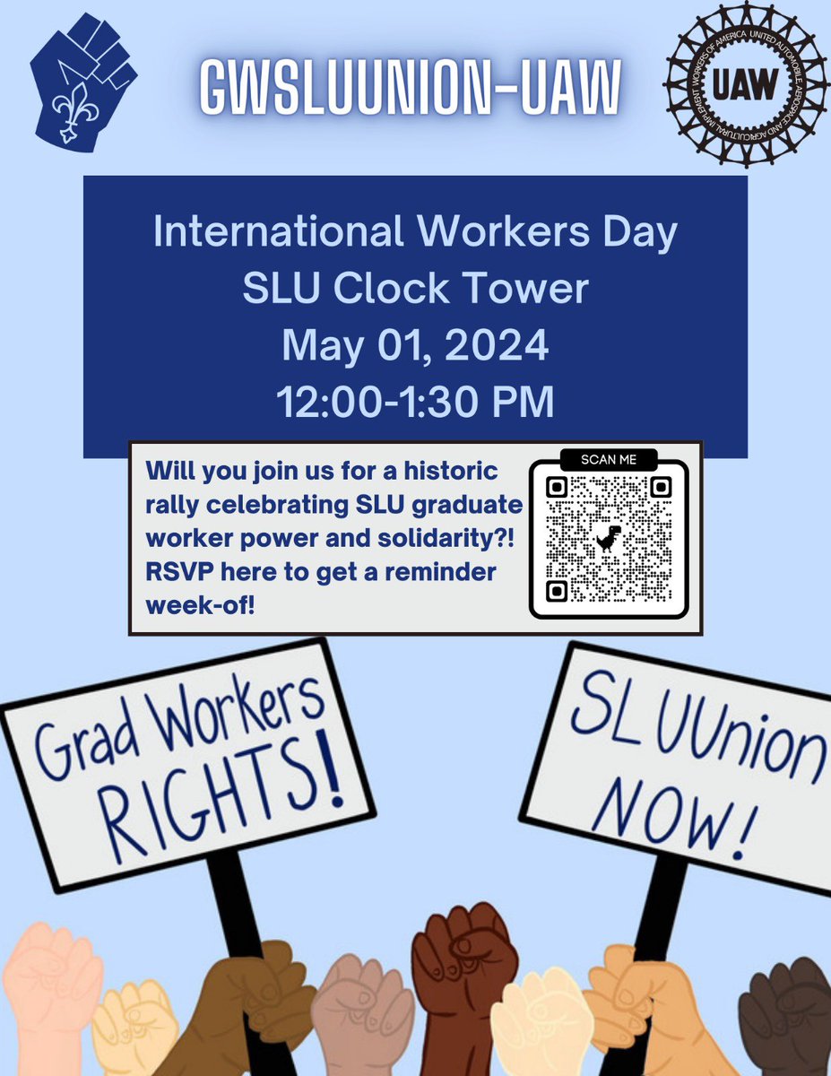 We are the Graduate Workers of Saint Louis University, and we are unionizing! Join us at the clock tower on Wednesday, May 1 from 12-1:30 to celebrate graduate worker power and flex our strength!