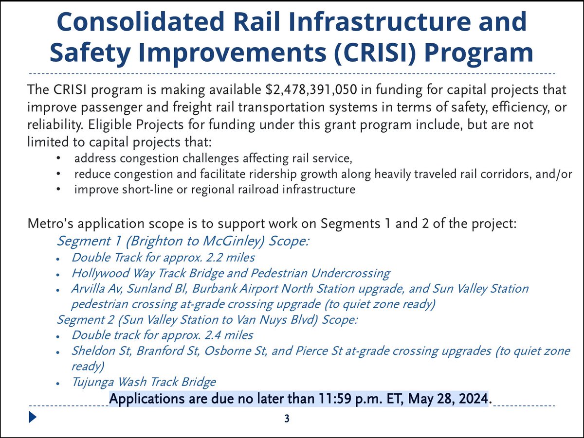 May 2024 LA Metro presentation on Brighton to Roxford Double Track project for Metrolink Antelope Valley Line. Adding 11 miles of track, estimated cost $500-$625m. Project split into 4 segments. They are seeking federal CRISI grants for Segments 1 and 3. media.metro.net/board/Agendas/…