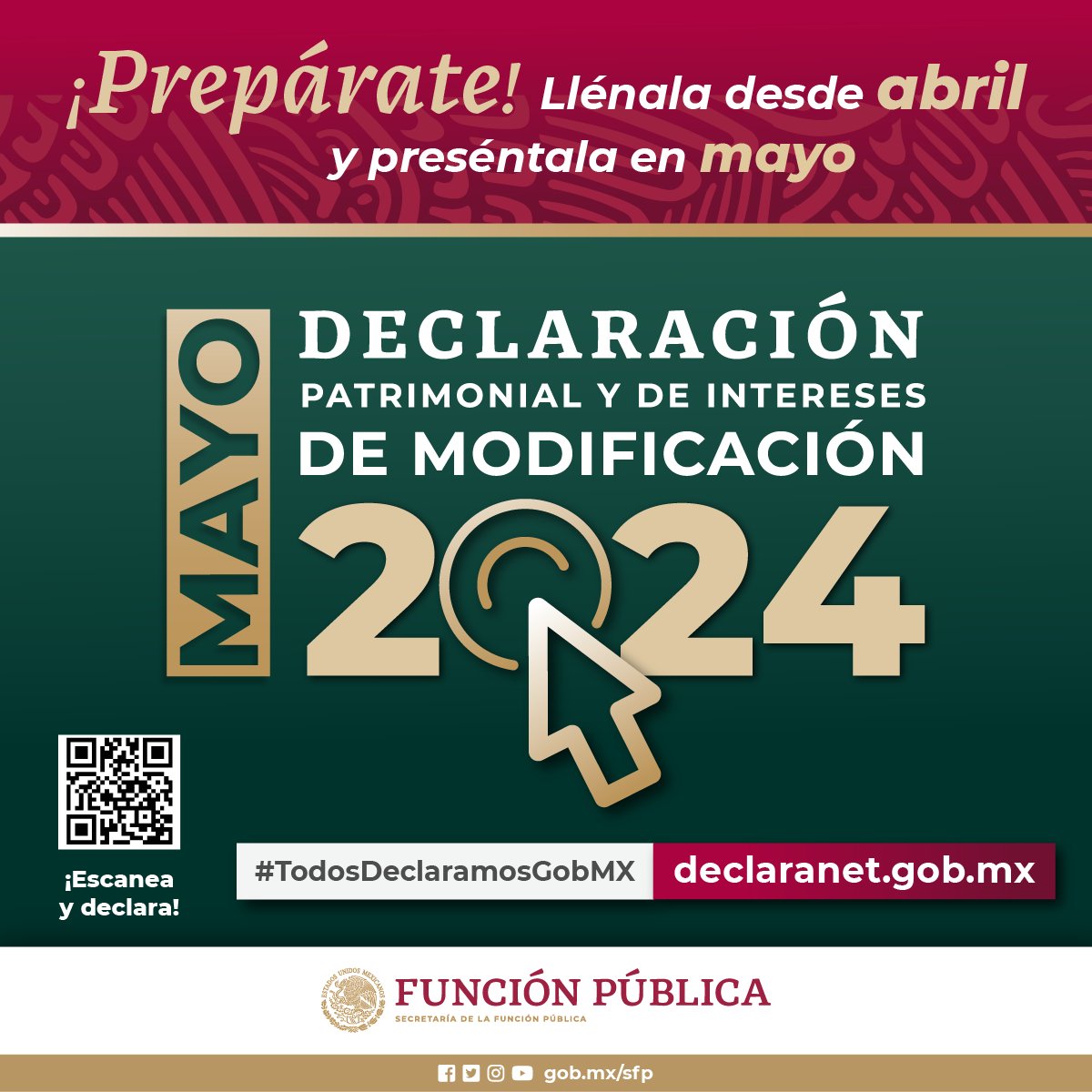 Persona servidora pública federal: Recuerda que el sistema #DeclaraNet ya se encuentra habilitado para que puedas llenar tu declaración patrimonial y de intereses 2024 (modalidad de modificación) y la firmes en #mayo. #DeclaraNet2024 Infórmate en: declaranet.gob.mx