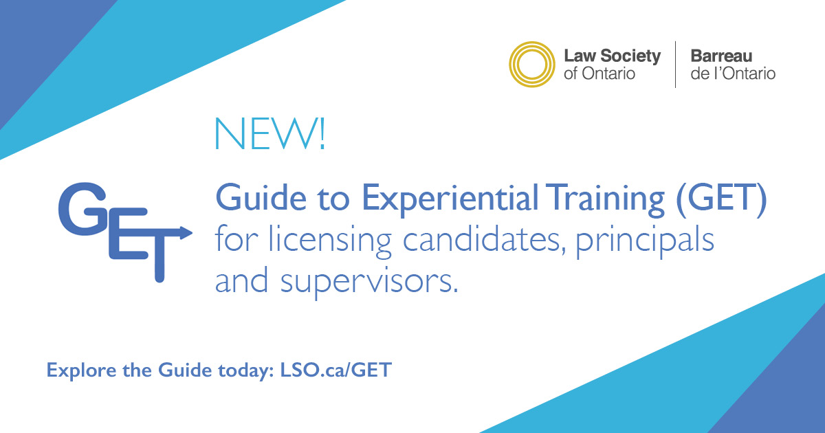 The Guide is a series of online learning modules, videos & resources to help experiential training candidates acclimate to legal practice and to prepare principals to orient their candidates using effective practice management techniques. Explore today: LSO.ca/GET