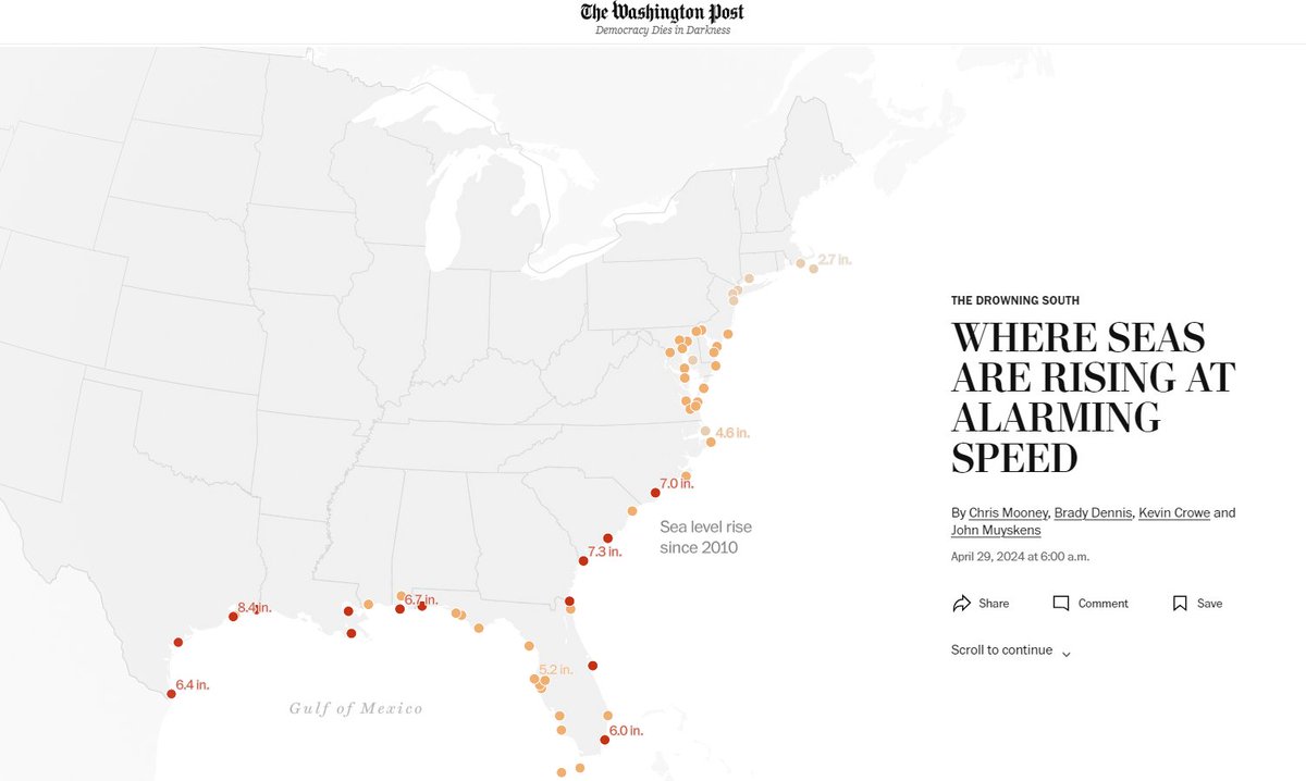 The @WashingtonPost, 'The Drowning South: Where seas are rising at alarming speed.' “Storm water flooding is getting worse and is unsustainable,” said Renee Collini @R_Collini, director of the Community Resilience Center at the Water Institute. ow.ly/fCjg50RqRJR