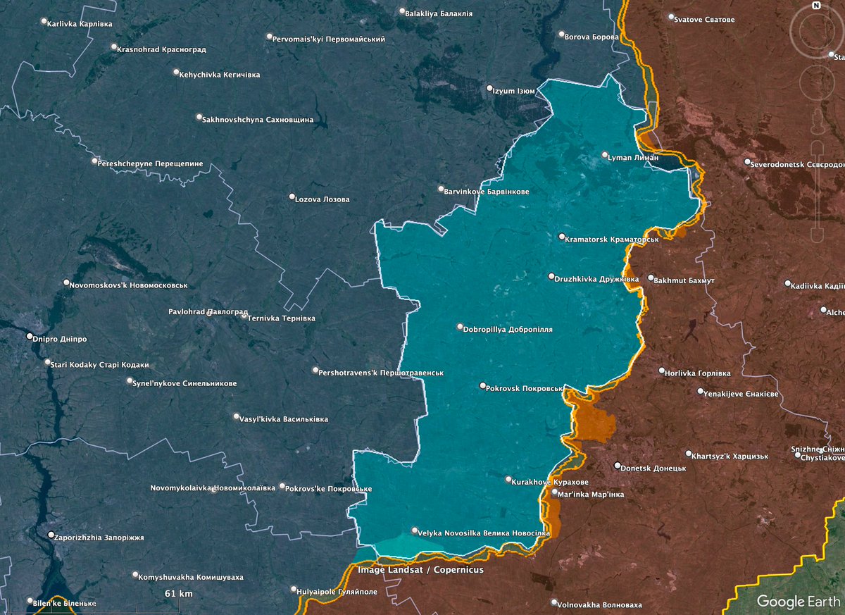 If you combine both data streams I have showed in the previous posts then it means that Russia loses up to 45 pieces of hardware a day (destroyed and damaged) to gain 0.7 square kilometers a day. To put things into perspective I have added this map. There are still around