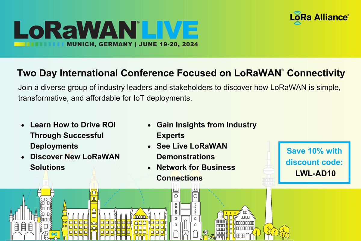 Learn how to develop successful #LoRaWAN deployments and scale your business at #LoRaWANLive in Munich, Germany! Register today to join us, along with the global LoRaWAN ecosystem, this June for two full days of presentations, demonstrations, & networking: hubs.li/Q02vnXQv0