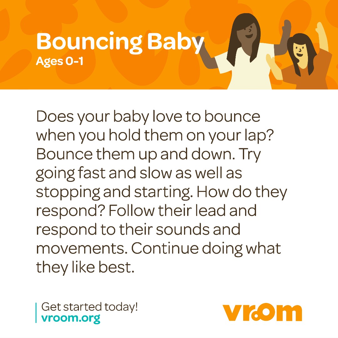 joinvroom's tweet photo. Bounce into #BrainBuilding with today’s #VroomTip – perfect for giving your baby new experiences with movement and fun! https://t.co/S9mg4E45Za
