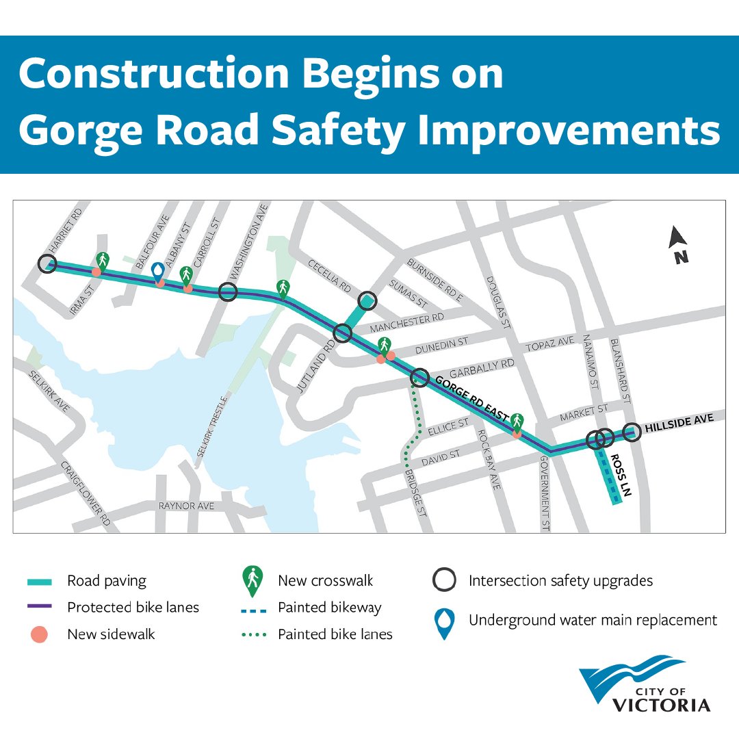 CityOfVictoria's tweet photo. 👷‍♀️ Work has begun on Gorge Road Safety Improvements! The project includes protected bike lanes, road paving, intersection upgrades, landscaping, underground water main replacement and more - visit https://t.co/PdlioiXHeU for construction updates. #yyjtraffic https://t.co/67UeisStzg