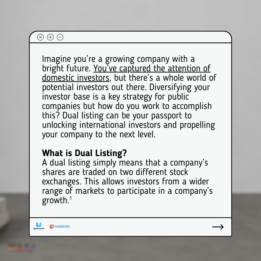 UpstreamXchange's tweet photo. ICYMI🗓️
Diversifying your investor base is a key strategy for public companies but how do you work to accomplish this? Learn more in last week's blog: https://t.co/sdJUtkVxqa

#duallisting #globalinvestors #upstreamexchange https://t.co/qCwcK1qM2J