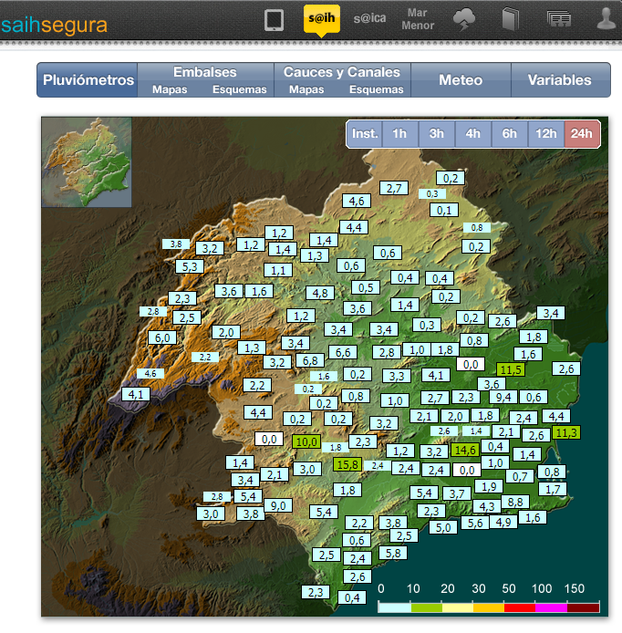 🌧️Precipitaciones registradas por visor #SAIH de @chsriosegura en las⌛️últimas 24 horas. ➡️Destacan los 15,8 mm de #Zarzadilla de #Totana, los 14,6 mm en #LaMurta o los 11,5 mm en #Orihuela. ☔Lluvias más repartidas por toda la cuenca del #ríoSegura