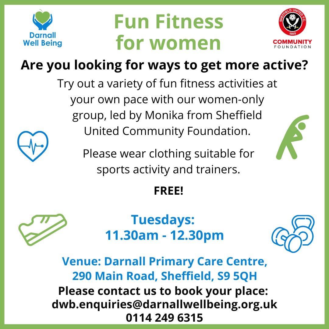 Our Fun Fitness sessions with @CommunitySUFC are back on tomorrow. Two new attendees came along last time and really enjoyed themselves – if you’re a local woman, why not come along and give it a try, too? Sessions are for all abilities and supported by our volunteers! #MoveMore