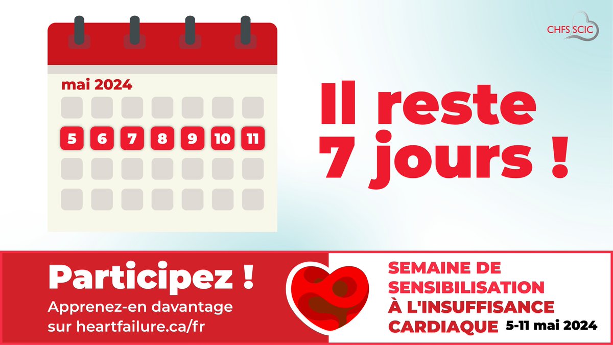 Le compte à rebours commence ! ⏳
J-7 avant le début de la Semaine de sensibilisation à l'insuffisance cardiaque. Partageons la sensibilisation et défendons la santé cardiaque. Ensemble, nous pouvons faire la différence ! heartfailure.ca/fr