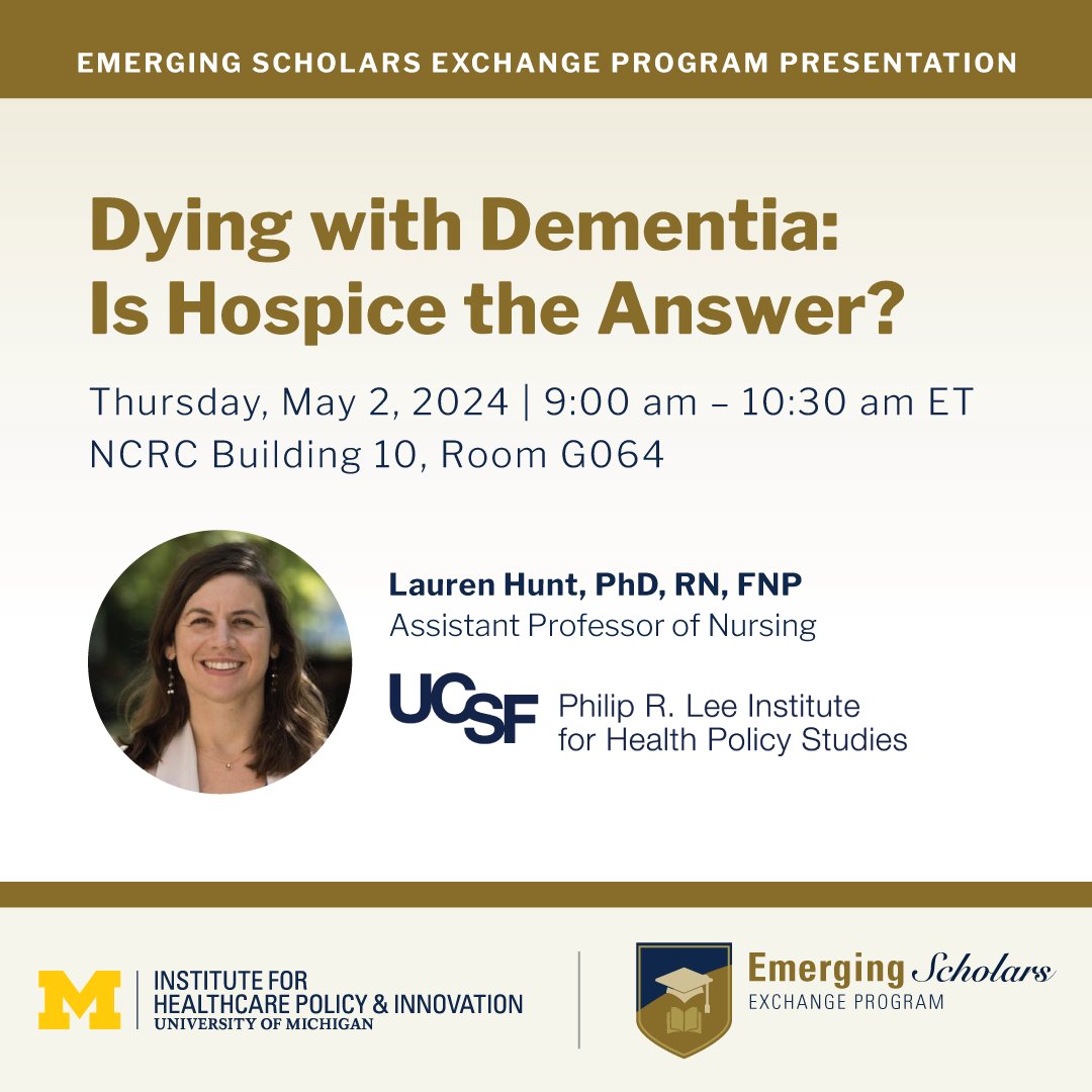 Join us this Thursday (May 2) at NCRC as we welcome <a href="/laurenhuntRN/">Lauren Hunt</a> of <a href="/UCSF_IHPS/">UCSF IHPS</a> to discuss hospice use trends and solutions for improving hospice care for people with dementia. Register now: ihpi.umich.edu/events/dying-d…
