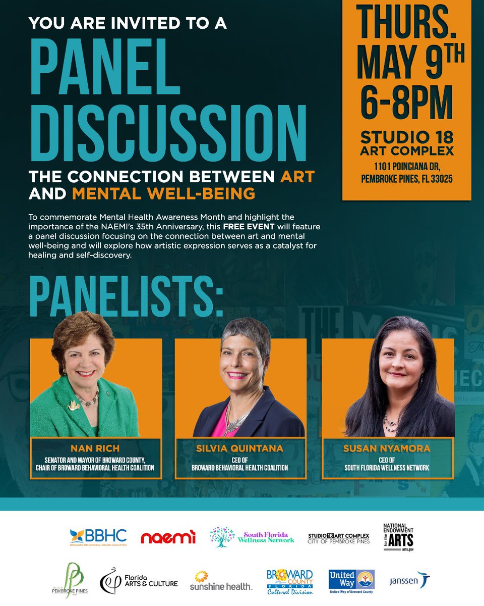 Join us on May 9th at Studio 18 Art Complex for a panel discussion featuring our CEO Silvia Quintana, Nan Rich, Senator and Mayor of Broward County and Chair of Broward Behavioral Health Coalition, and Susan Nyamora, CEO of @SFWN_2017. No registration is required!