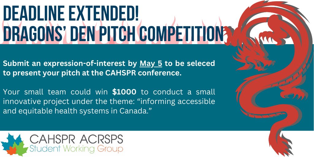 DEADLINE EXTENDED till Sunday May 5 🔥🔥 T-1 week to submit your proposal for the Dragon’s Den pitch competition at #CAHSPR24 🐉🐉🐲🐲 You could win $1000 and make your small project a reality! Learn more and apply here: forms.gle/LXysXD4RScTcu9…