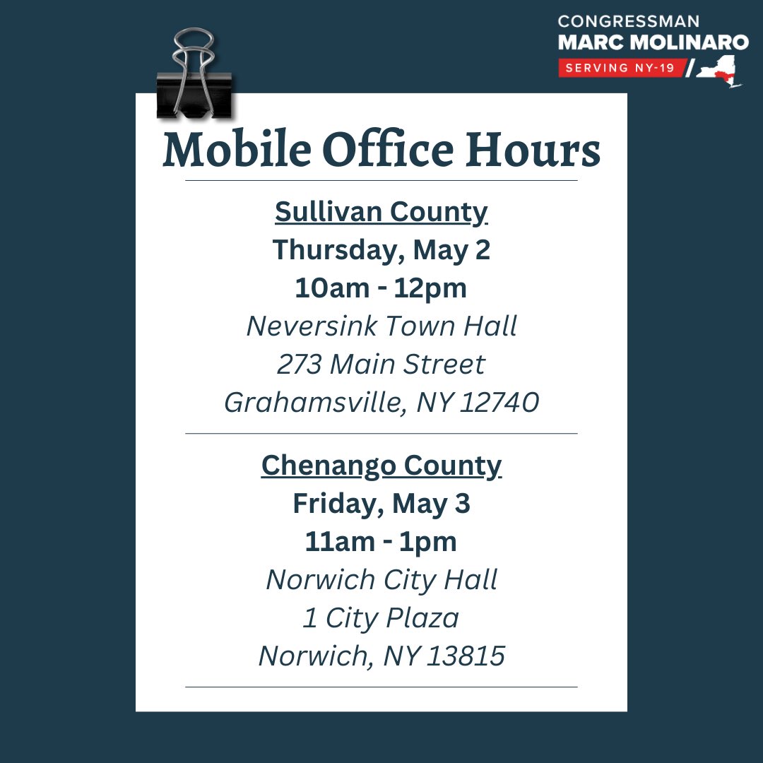 Join my constituent service team this week in Sullivan County & Chenango County to resolve any issues you may be facing with federal agencies.