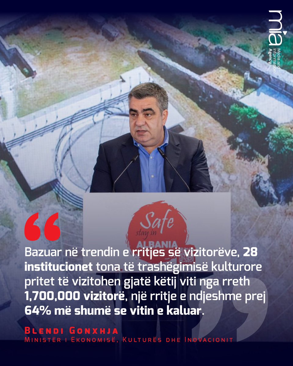 Ministri i Ekonomisë, Kulturës dhe Inovacionit @BGonxhja në fjalën e tij në Konferencën “Për sigurinë e turizmit në Shqipëri” mbi shifrat e turistëve që priten të vizitojnë institucionet e trashëgimisë kulturore në vendin tonë përgjatë sezonit turistik 🏰📈