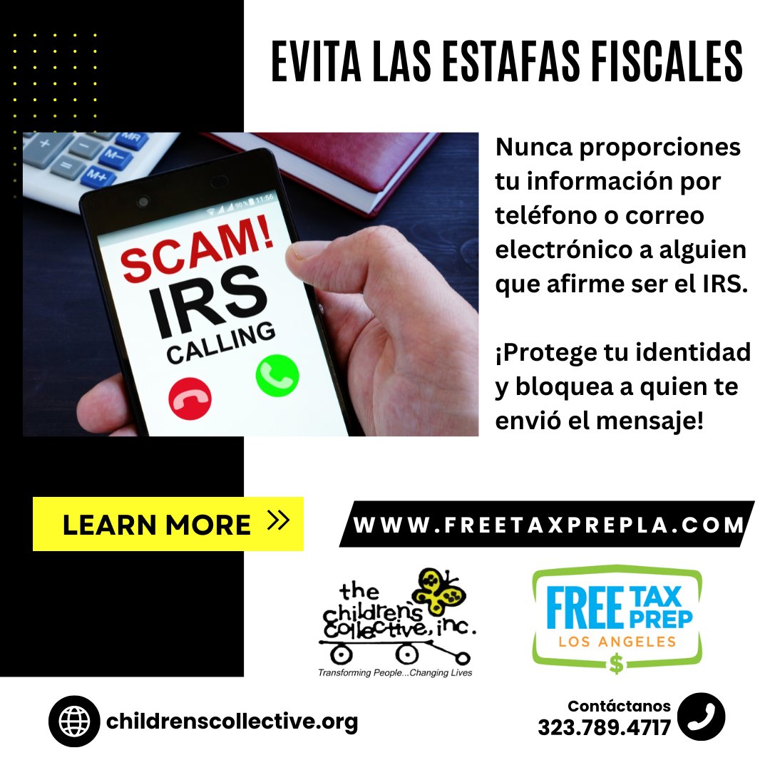 Cuidado con las estafas. El IRS nunca lo llamará ni le enviará un correo electrónico exigiendo informacion d su tarjeta de credito, dinero o información bancaria. Si recibe estas solicitudes, elimine el correo electrónico o bloquee el número. #FreeTaxPrepLA #Impuestos #Ayuda