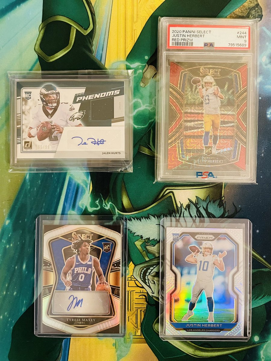 WINNERS CHOICE: - Justin Herbert /49 PSA 9 OR - Justin Herbert silver + $70 OR - Tyrese Maxey /249 + $70 OR - Jalen Hurts /99 + $40 100 spots at $3 per Top spot wins! 34/100 RTs appreciated 🤝🏽
