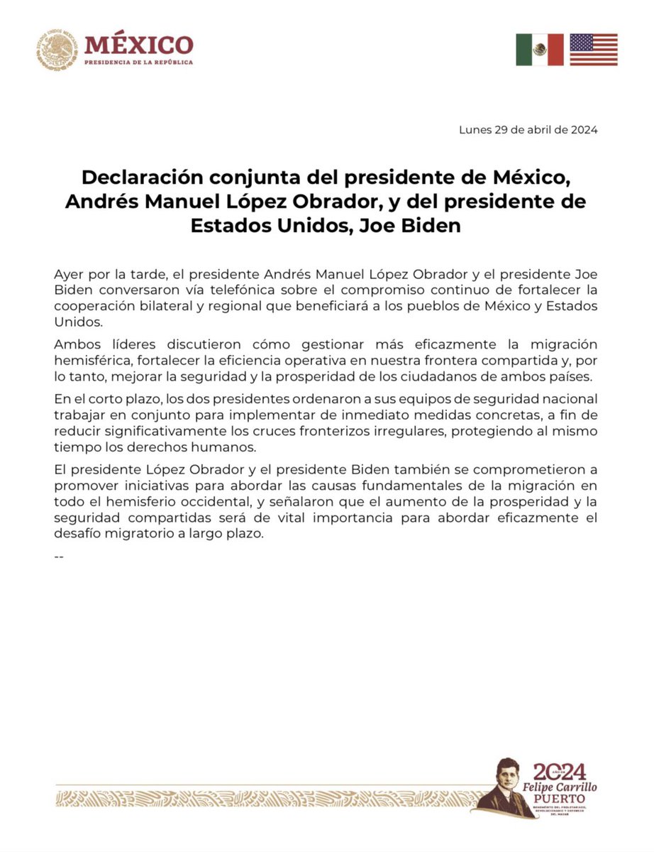 DECLARACIÓN CONJUNTA. “Declaración conjunta de los presidentes de México y Estados Unidos”. Ayer por la tarde, el presidente Andrés Manuel López Obrador y el presidente Joe Biden conversaron vía telefónica sobre el compromiso continuo de fortalecer la cooperación bilateral y