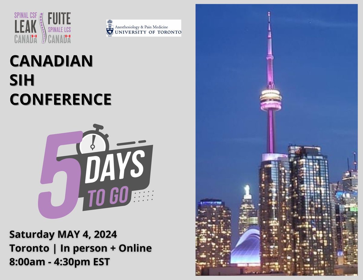 🚨Only 5 days left until the Canadian SIH Conference!🚨 >>In-person registration is now sold out, but you can still register for the online format. All participants will have the opportunity to actively engage in discussions during the Q&A sessions. spinalcsfleakcanada.ca/registration-c…