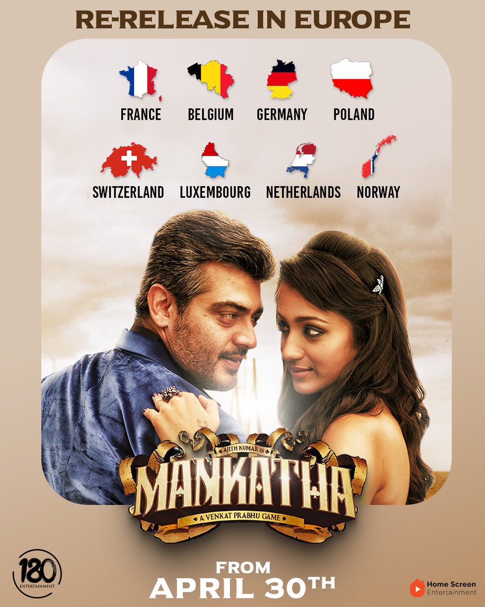 Mankatha Re-Release in Europe from tomorrow 🇪🇺🔥 Entire Europe rights is locked and ready to be loaded by 180 Entertainment, hitting big screens tomorrow in France 🇫🇷 🎬 The King Maker returns 👑 #Mankatharerelease #180entertainment #Europe #Thalaajith #oneeighty