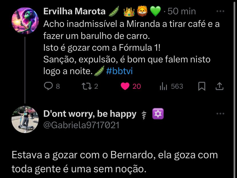 Isto é tão bom como surreal! A ervilha a ser irónica e vem esta gente criticar a dizer que a Miranda está a gozar com o Bernardo porque está a fazer o som de um carro?? Really ?? Nem o som de um carro de pode fazer??? 🤣🤣🤣 #bbtvi