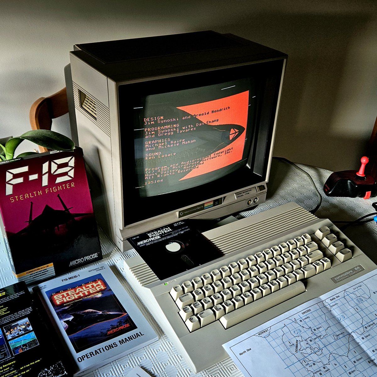 Another shot from F-19 Project Stealth Fighter on the Commodore 64. The lack of external views is definitely a drawback but it's compensated by great sound effects, arguably better than with a PC sound card, not to mention the speaker I used to listen to for hours back in the day