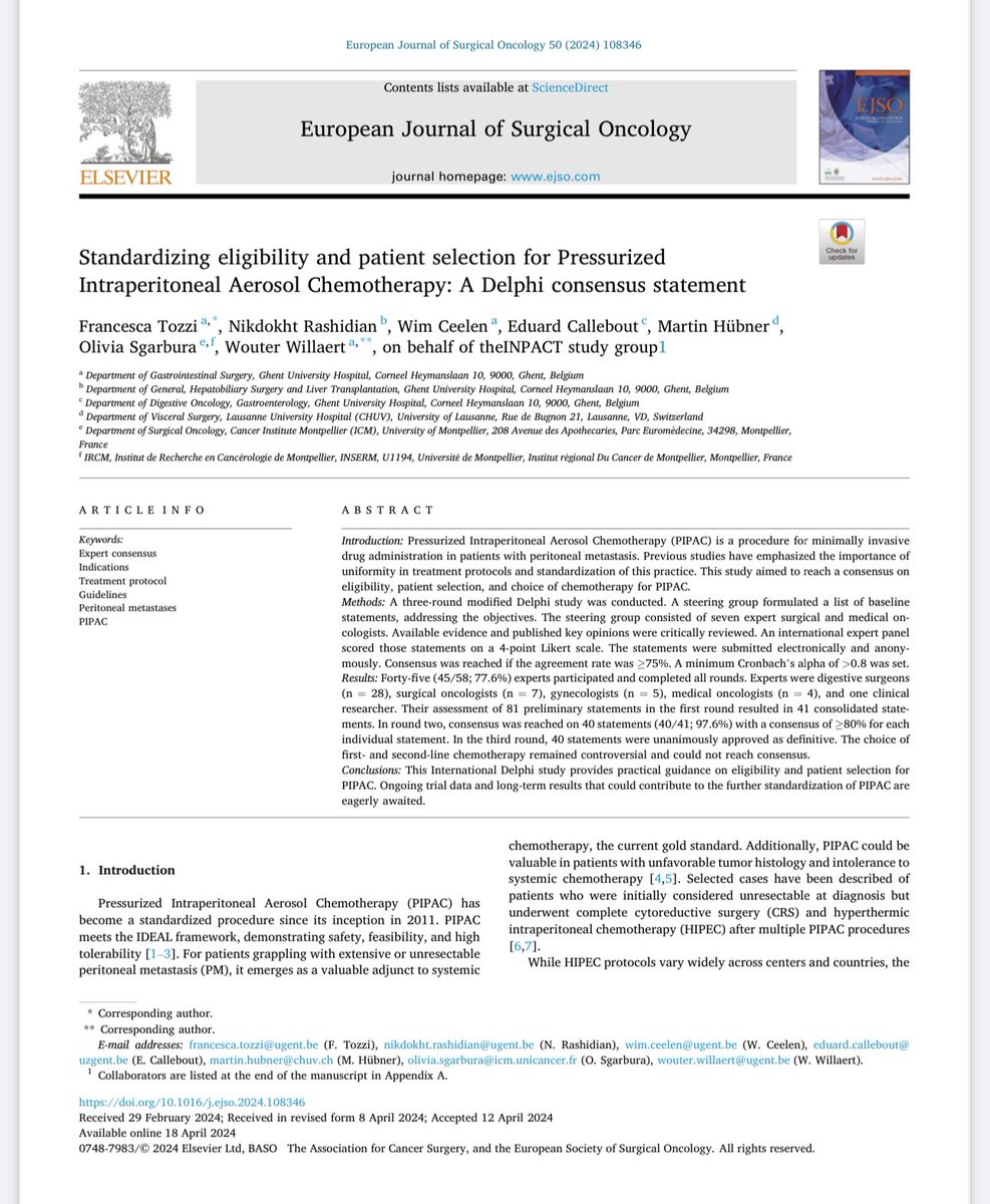 Delphi Study on PIPAC Published in the EJSO :IMPACT study group , congratulation all and happy and proud to contribute to this with colleagues , Prof. Wouter Willaert Prof. Wim Ceelen Dr. Niki Rashidian Dr. Eduard Callebaut Dr. Martin Hübner Dr. Olivia Sgarbura Dr. Francesca…