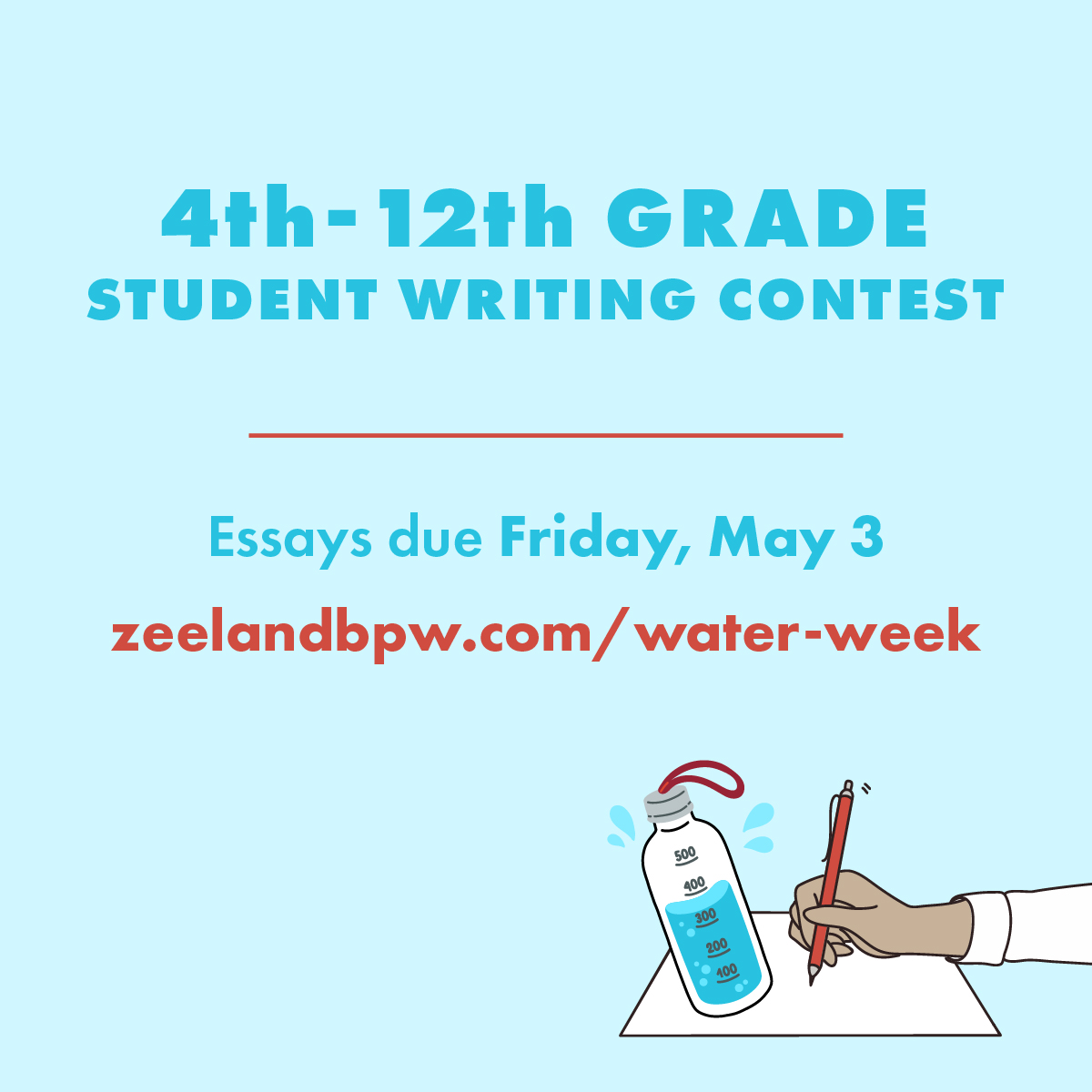 Our water department invites students from 4th to 12th grade to write a short essay answering the question 'Why is safe drinking water important to our community?”

Get all the info and submit your student's essay by this Friday at zeelandbpw.com/water-week #CommunityPowered