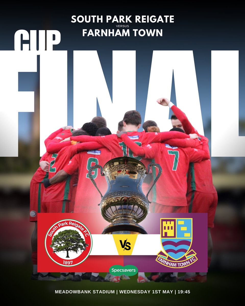 𝗡𝗘𝗫𝗧 𝗚𝗔𝗠𝗘 | 🔜 

The season finale 😏

🆚 @FarnhamTownFC 
📆 Weds 1st May
⌚️ 19:45 KO
🏟 Meadowbank | RH4 1DX
🏆 @surreyfa Senior Cup Final
🍻 Bar open
🍔 Refreshments
🎟️ eventbrite.com/e/specsavers-s…

#UpTheSparks
#WeAreSouthPark 

❤️💚🌳⚡️