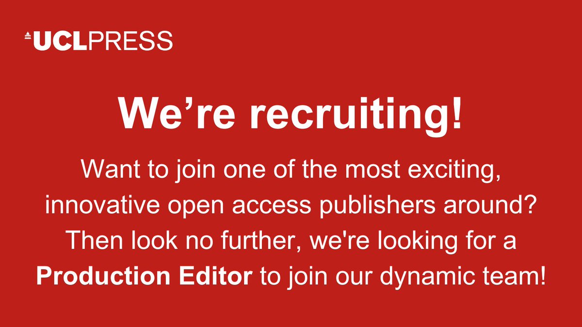 Want to join one of the most exciting, innovative open access publishers around? Then look no further, we're looking for a Production Editor to join our dynamic team! For a full job description, and to apply: bit.ly/UCLPressPE