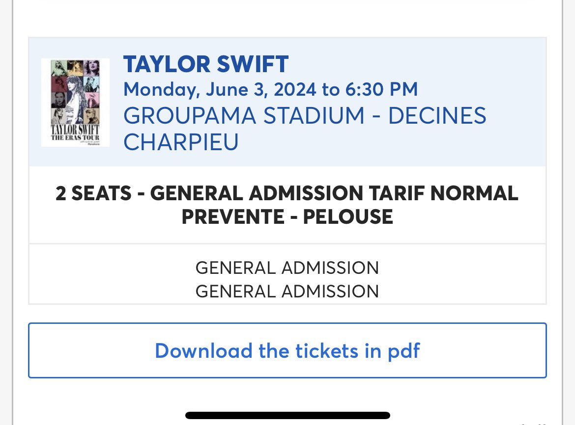 Hello, I’m selling two TAYLOR SWIFT tickets for The Eras Tour in Lyon June 3. 
🎟️ Pelouse 
DM if you’re interested 😊
#TaylorSwift #TheErasTourTicket #TheErasTourLyon