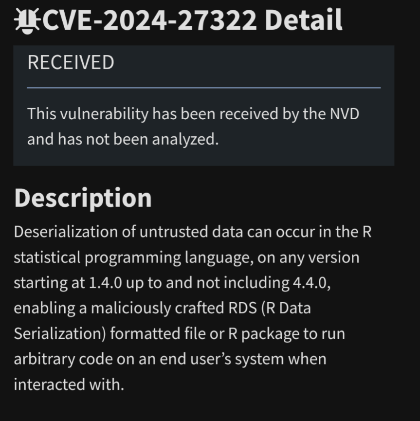 A vulnerability in #Rstats has been discovered nvd.nist.gov/vuln/detail/CV…