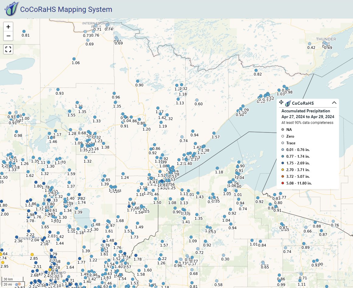 Look at all those dots! Each dot is a 3-day total CoCoRaHS precipitation observation. We have so many dedicated observers across the Northland, and we appreciate them all! Head to cocorahs.org to see more data or learn how to become an observer! #mnwx #wiwx