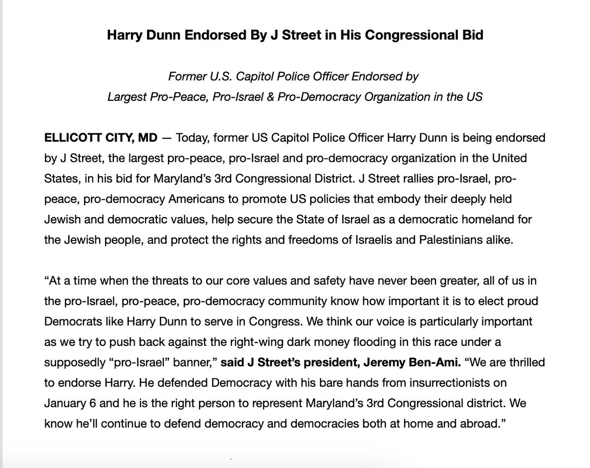 J Street endorses Harry Dunn in MD-03 (AIPAC is spending for Sarah Elfreth in the primary)