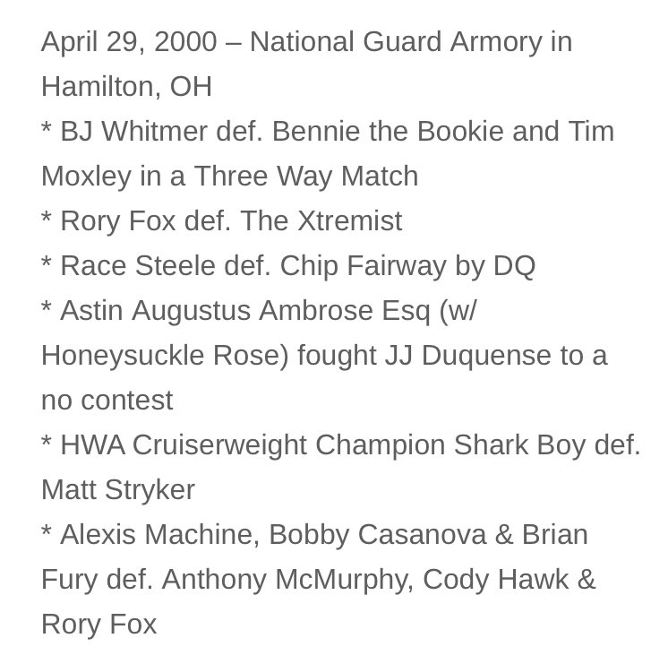 Today in @HWAOnline history 

2000 in Hamilton, OH feat. @roryfox_ @SharkBoy24_7 @CodyFnHawk + Race Steele, Chip Fairway, Anthony McMurphy and more!

Full results: