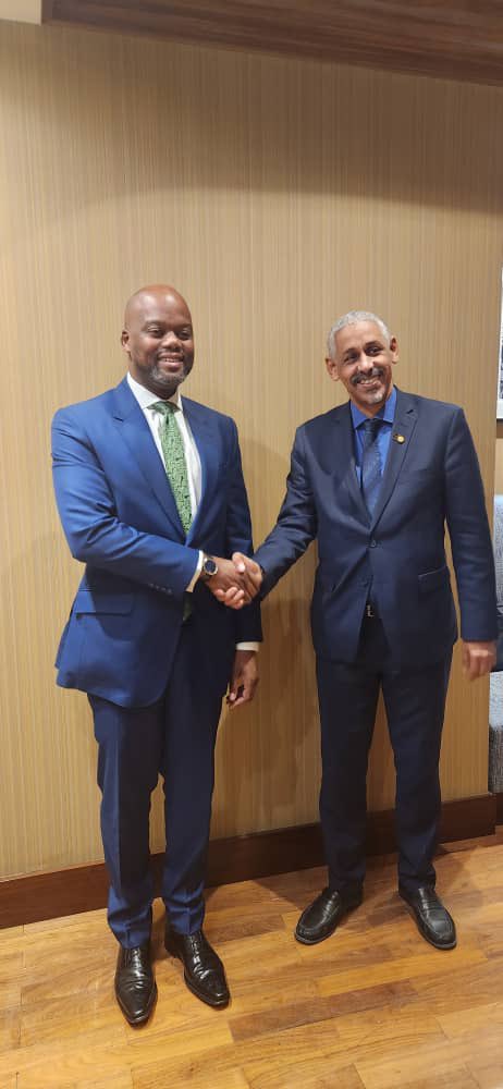 Today H.E. @menewamkele had a meeting with the President of the Arab Bank for Economic Development in Africa (BADEA), Dr. Sidi Ould TAH, to discuss cooperation around trade facilitation under the #AfCFTA. #CreatingOneAfricanMarket #Trade