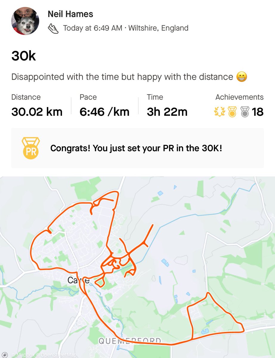 Ran 30k this morning then spent the rest of the day recovering…….including being ill due to dehydration. The present Mrs Hames laughed at me. Laughed. I may also have had a nap. My knees tomorrow will sound like someone shaking a bag of pegs 😬