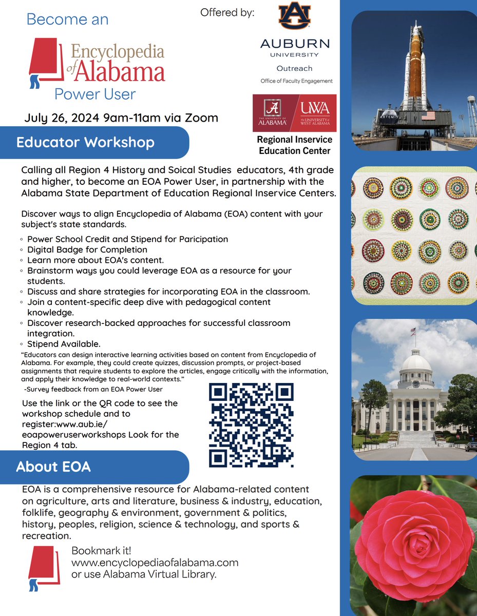 Join us on either June 4 or July 26, for this 2-hour virtual opportunity regarding the Encyclopedia of Alabama resource! Space is limited for this opportunity as stipends are available. Register using the Region 4 links at auburn.edu/outreach/facul….