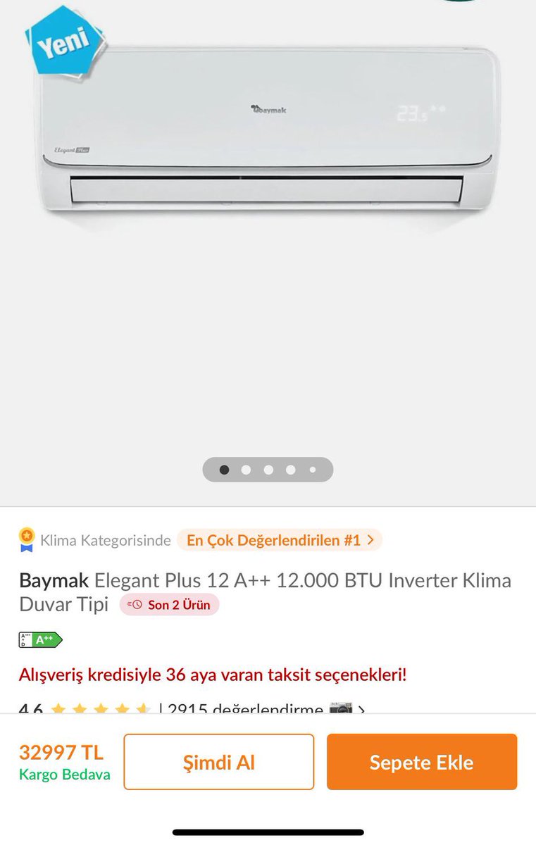 Geçen sene 12 Mayıs’ta 12.495 TL alınan klima şu an 32.997 TL oldu.