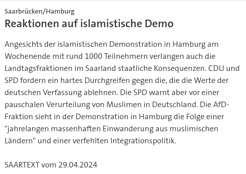 #SKK20240428 #SAARTEXT #Saarbrücken Angesichts der islamistischen #Demonstration in #Hamburg am Wochenende mit  rund 1000 Teilnehmern verlangen auch die #Landtagsfraktionen im #Saarland staatliche Konsequenzen. | #Islamdemo #SPD #CDU #Landtag #Islam #Integration #Muslime