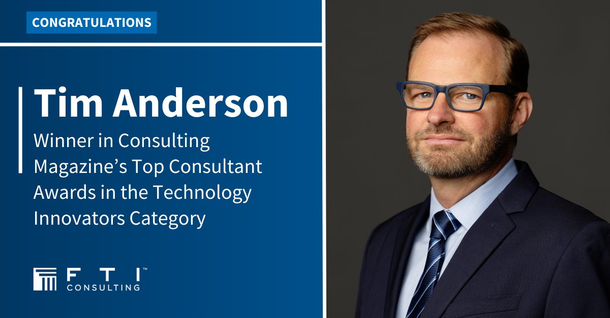 Help us in congratulating @FTITech Senior Managing Director, Tim Anderson, for winning in the 'Technology Innovators Category' in @Consulting_Mag's Top Consultants Awards 2024. Learn more about the recognition here: bit.ly/3JA9WfZ