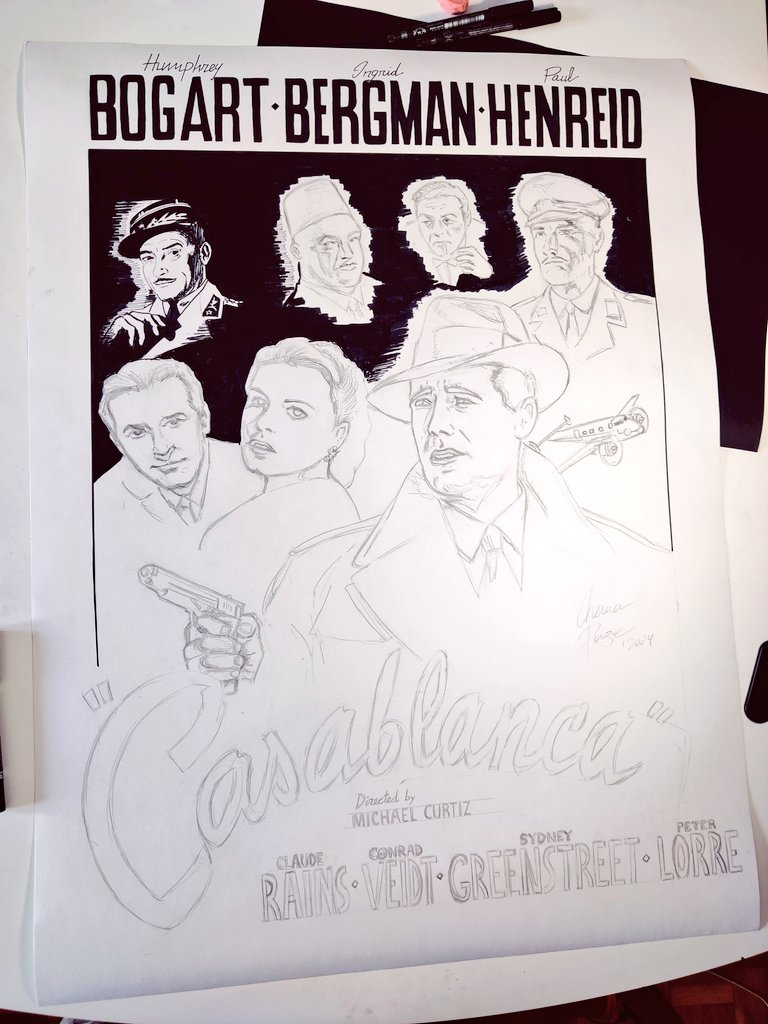 Continúo con el cartel de #Casablanca que estoy realizando para @alroha10 y hoy ha tocado hacer a pulso los rótulos de los actores principales.
Contengo la respiración, no vaya a equivocarme un milímetro...😅
#art #HumphreyBogart