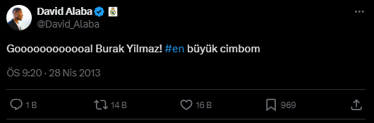 📱 David Alaba'nın 28 Nisan 2013'te oynanan Gaziantepspor - Galatasaray maçında Burak Yılmaz'ın attığı golden sonra yaptığı paylaşım.
