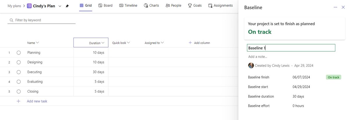 LewisCindy's tweet photo. The new #Planner has the ability to #Baseline! I'm jumping up and down seeing this new feature that PMs have been asking for! 👏🥂🎉 Thanks @project! #MVPBuzz https://t.co/ZHXwwElYw5