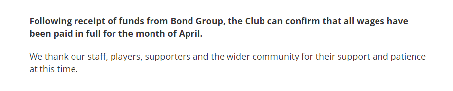 #Morecambe Football Club have released a statement to confirm that 'all wages have been paid in full for the month of April.' #uts | #bbcefl | #bbcfootball