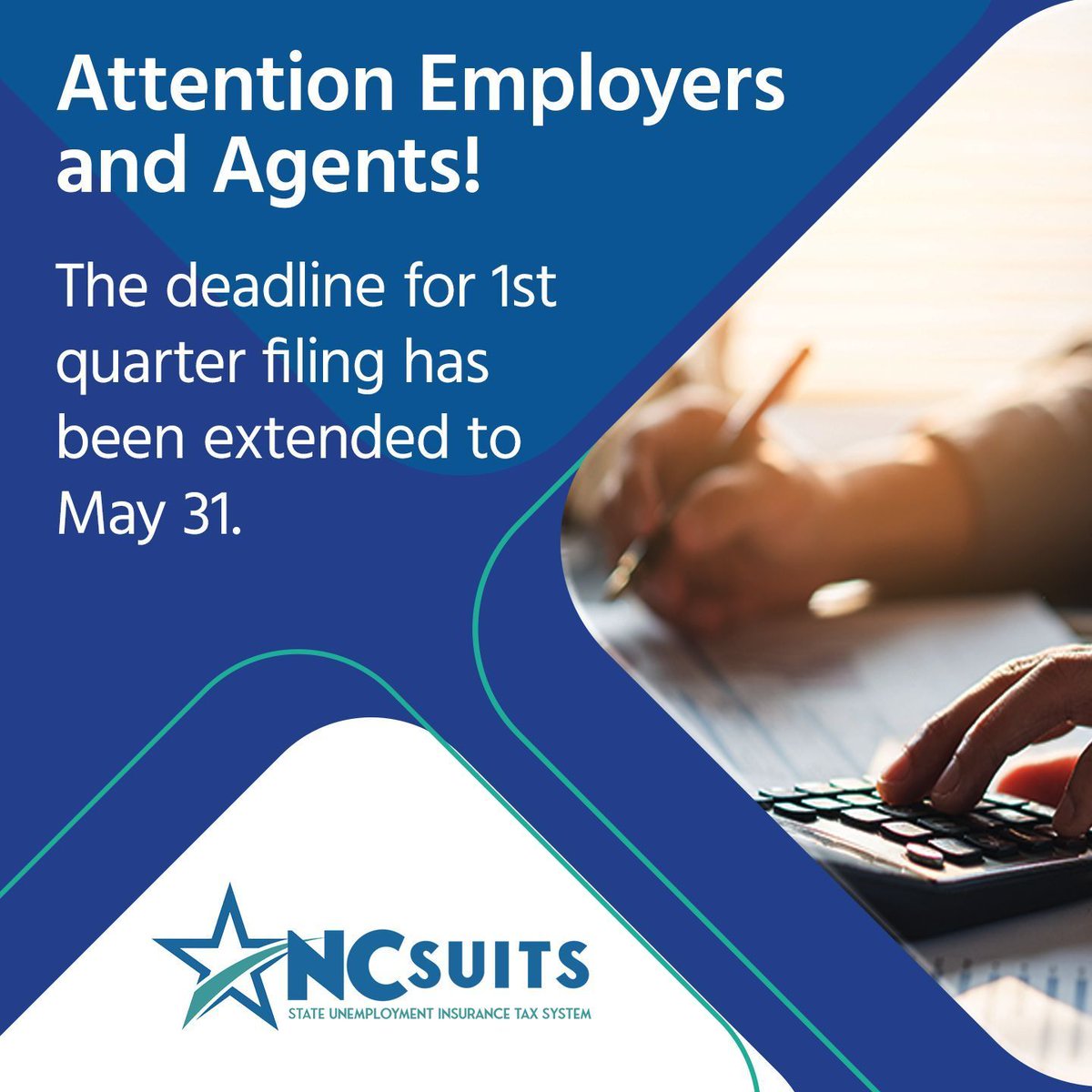 Attention Employers and Agents! The deadline for 1st quarter filing has been extended to May 31. Get details about filing in #NCSUITS at: buff.ly/3QNx25V