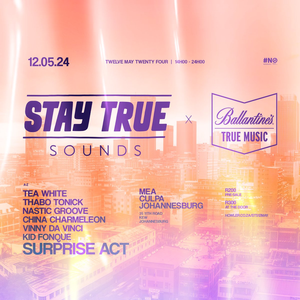 🌃Jozi, we’re teaming up with @BallantinesSA for our event at Mea Culpa, May 12 with @TeaWhite_10, @ThaboTonick_M @NasticGroove_SA, @CharmeleonChina, @VinnyDaVinci, @kidfonque & a surprise special guest🪄✨

🎫 howler.co.za/sts12may

 #staytrue #deephouse #staytruesounds